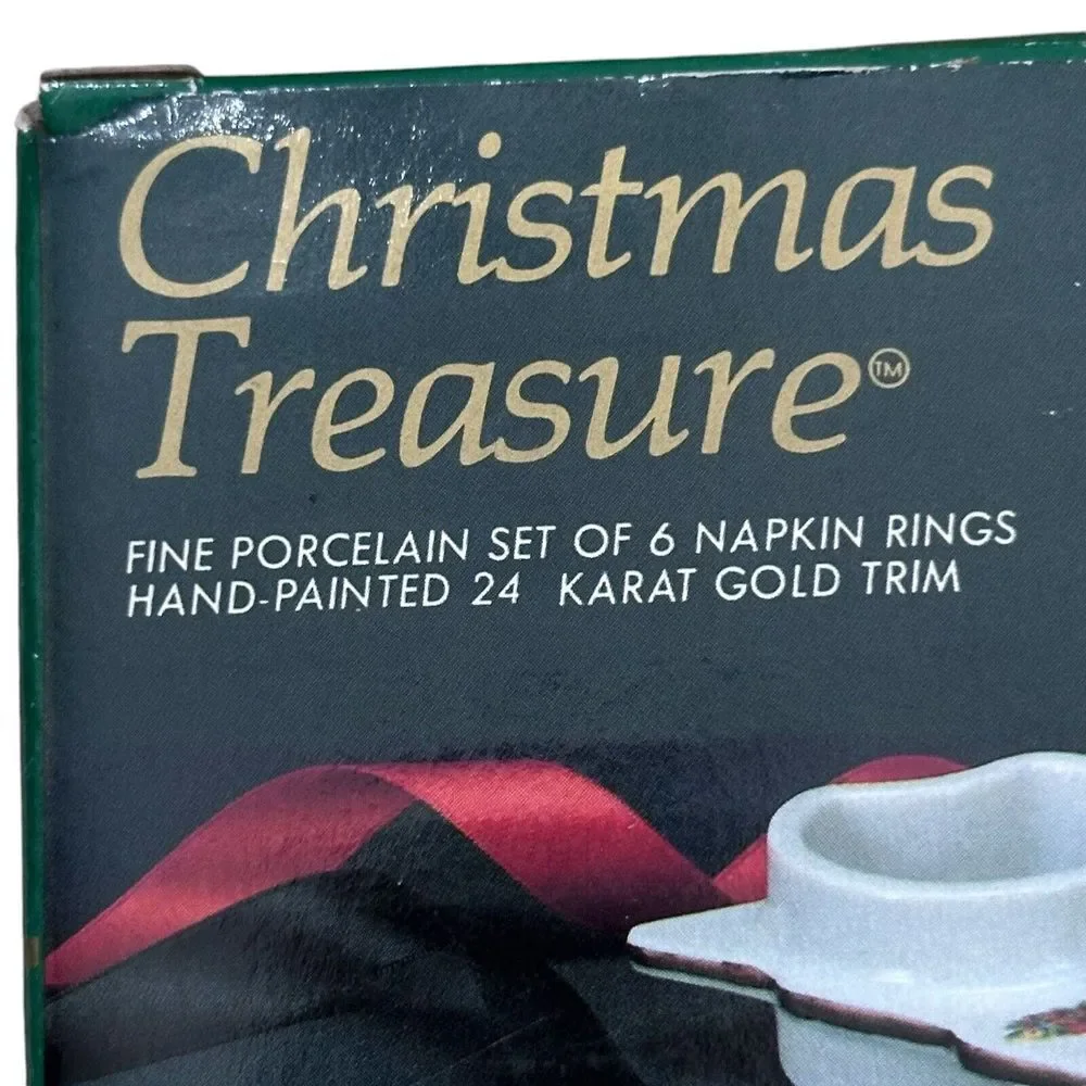 VTG 6 Christmas Treasures Tree Shaped Porcelain Napkin Rings 24 KT‎ Trim 1988